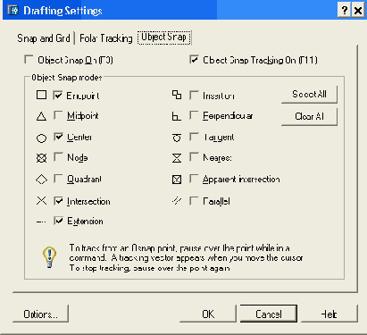 Диалоговое окно Drafting Settings вкладка Object Snap