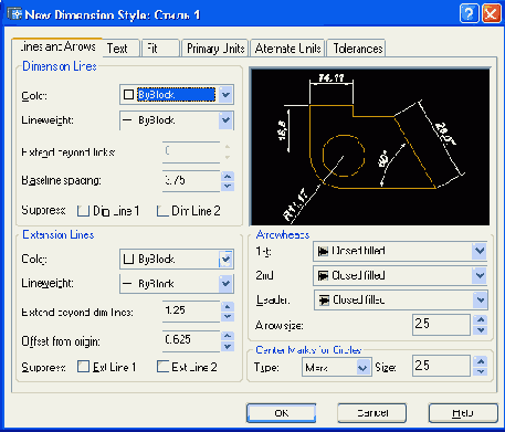 Диалоговое окно New Dimension Style вкладка Lines and Arrows